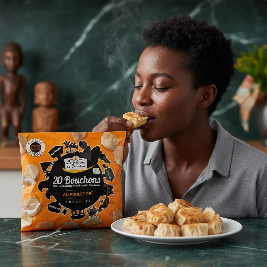 Femme dégustant des bouchons poulet LE TRAITEUR DE BOURBON, savoureux apéritif créole à base de volaille, prêt à savourer.